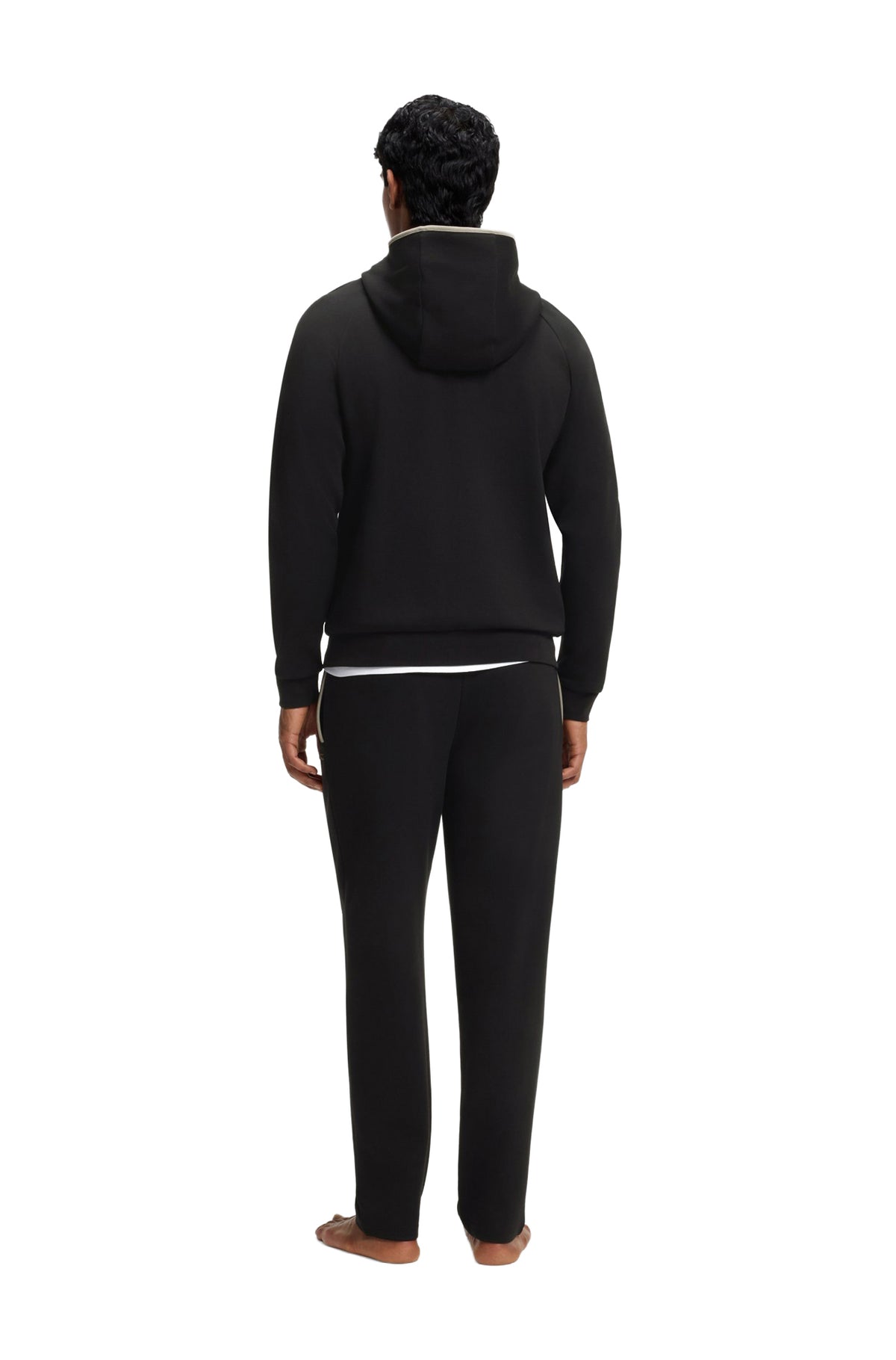 HUGO BOSS men's black full-zip sweatshirt on model with attached hood and ribbed hem, back view