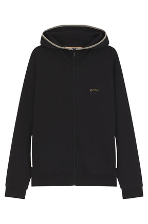Veste à zip à capuchon zippé noir isolé de face avec bordure beige et logo BOSS doré pour homme par HUGO BOSS