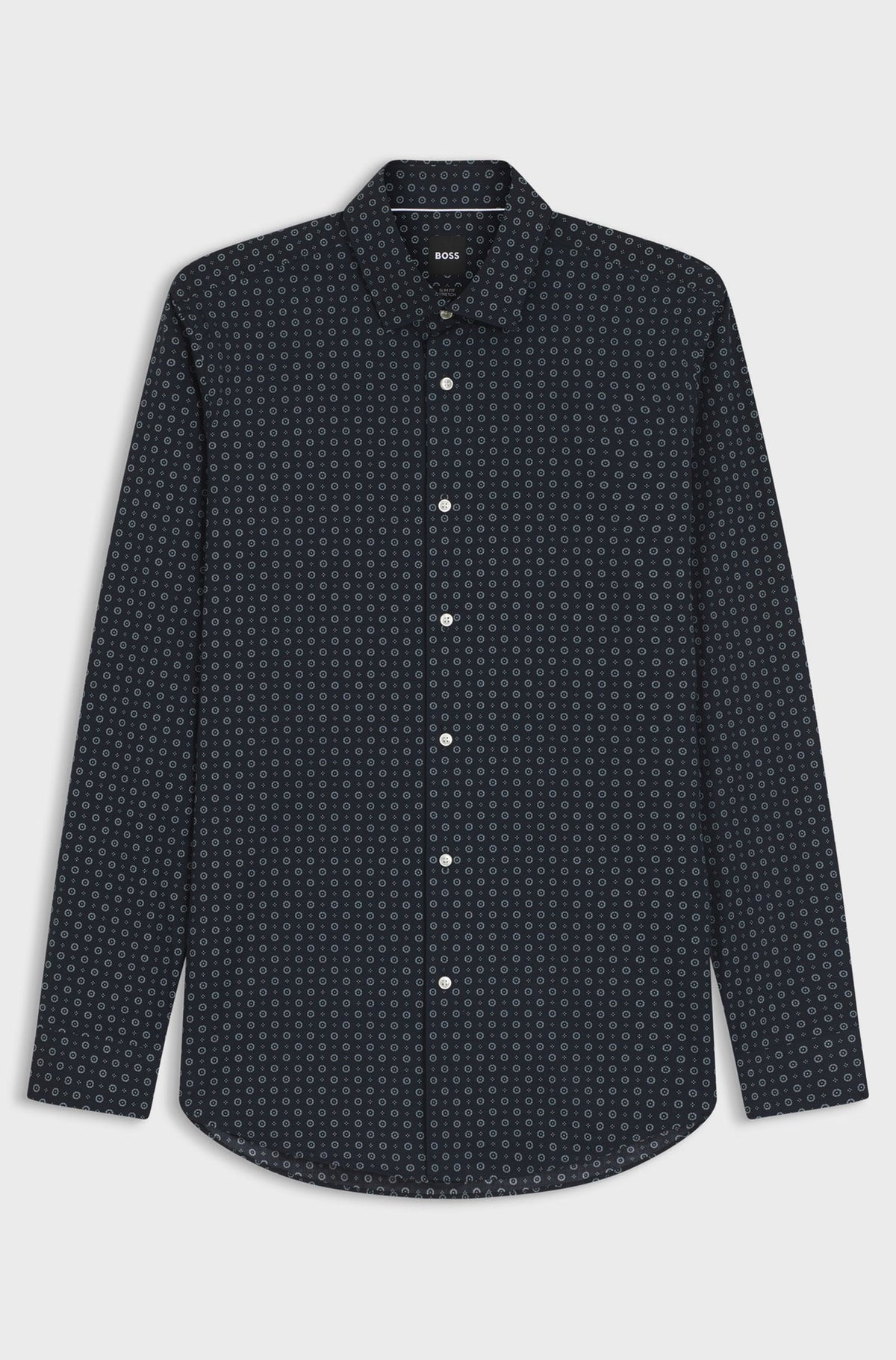 Chemise habillée manches longues bleu marine à plat, vue avant avec ourlet arrondi pour homme par HUGO BOSS