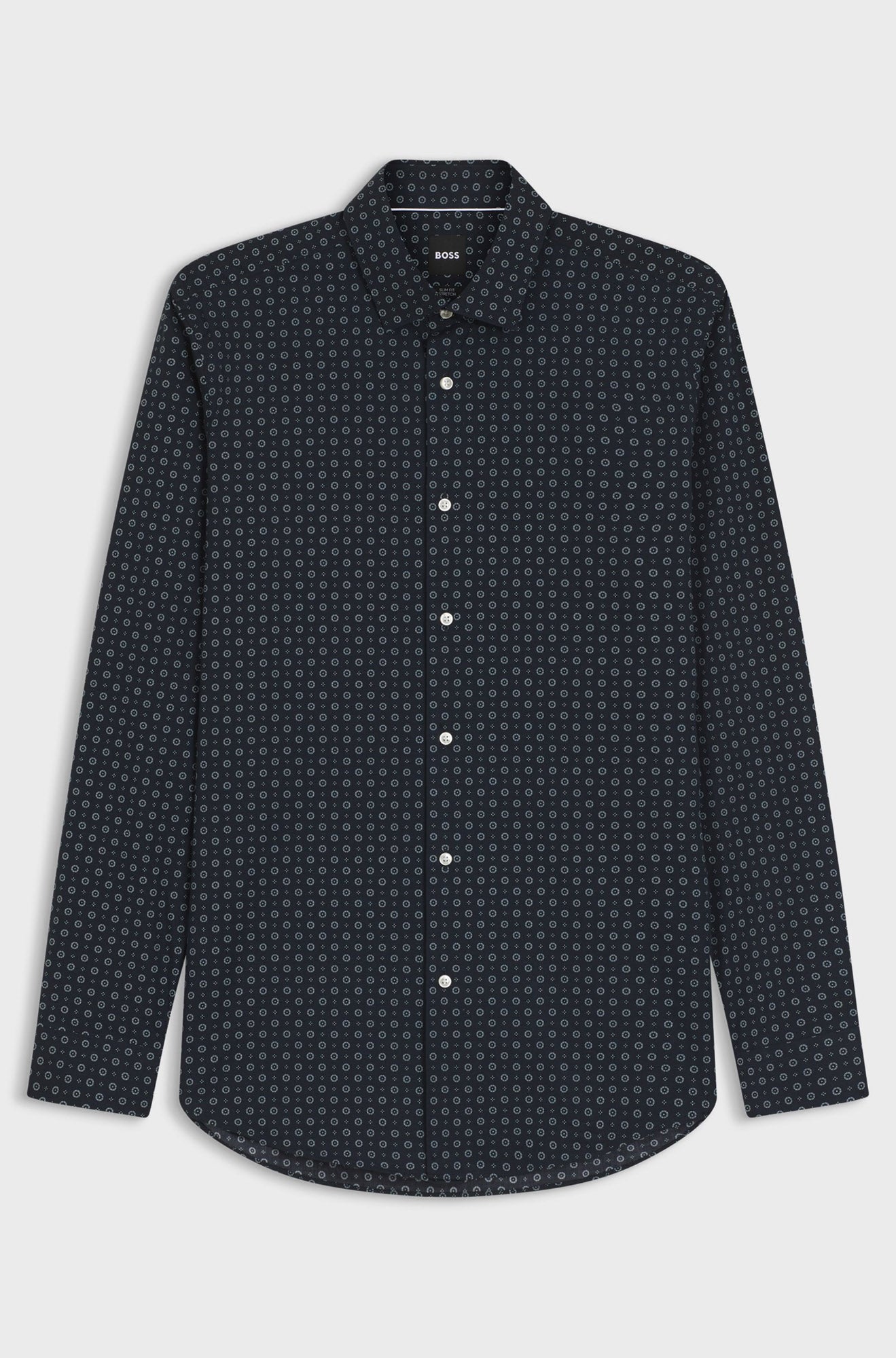 HUGO BOSS men's navy long sleeve dress shirt flat lay, front view, with curved hem and small geometric print