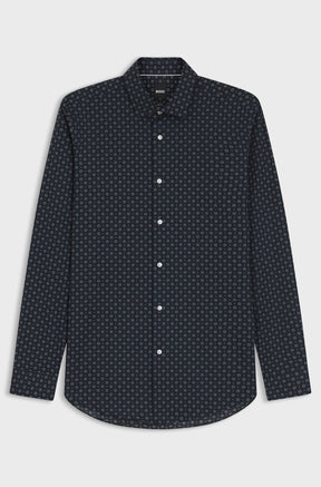 HUGO BOSS men's navy long sleeve dress shirt flat lay, front view, with curved hem and small geometric print