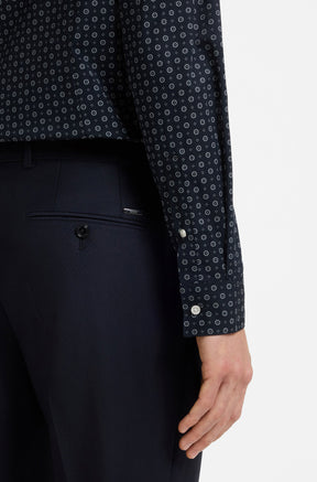 HUGO BOSS men's navy geometric-print long-sleeve dress shirt sleeve with buttoned cuff and white buttons, close-up
