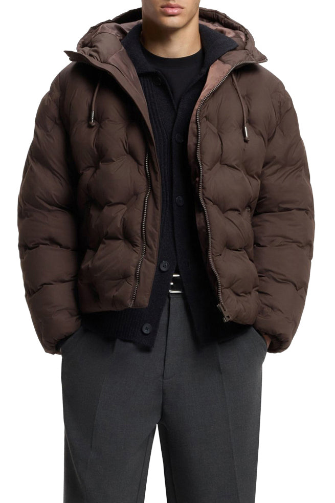 HUGO BOSS men's open front view of the dark brown hooded puffer jacket showing brown lining and drawcord details