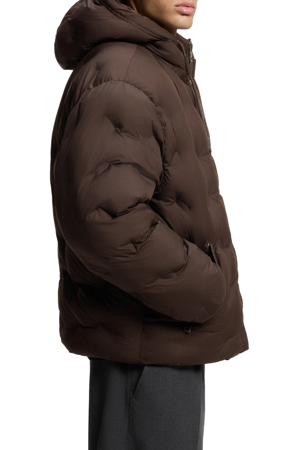 HUGO BOSS men's dark brown hooded puffer jacket with bulky sleeve and smooth padded shell shown from the side