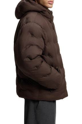 HUGO BOSS men's dark brown hooded puffer jacket with bulky sleeve and smooth padded shell shown from the side