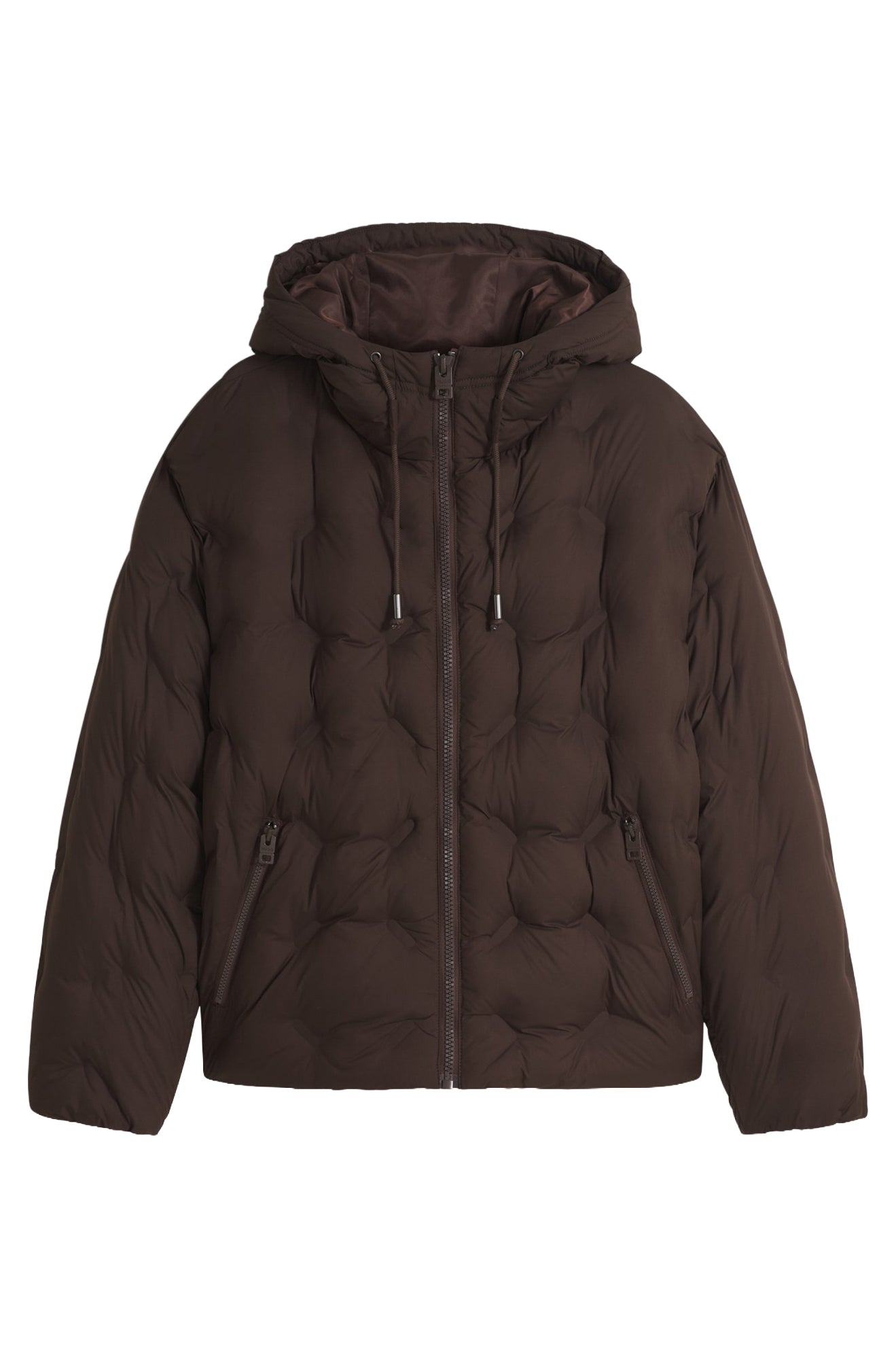 HUGO BOSS men's dark brown hooded puffer jacket with zip pockets and drawcord hood, isolated front view