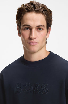 HUGO BOSS men's close front detail of a navy crewneck sweatshirt with ribbed collar and tonal BOSS chest logo