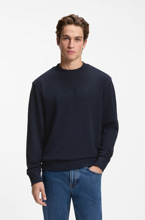 HUGO BOSS men's navy crewneck sweatshirt with tonal BOSS chest logo and ribbed cuffs, front model view