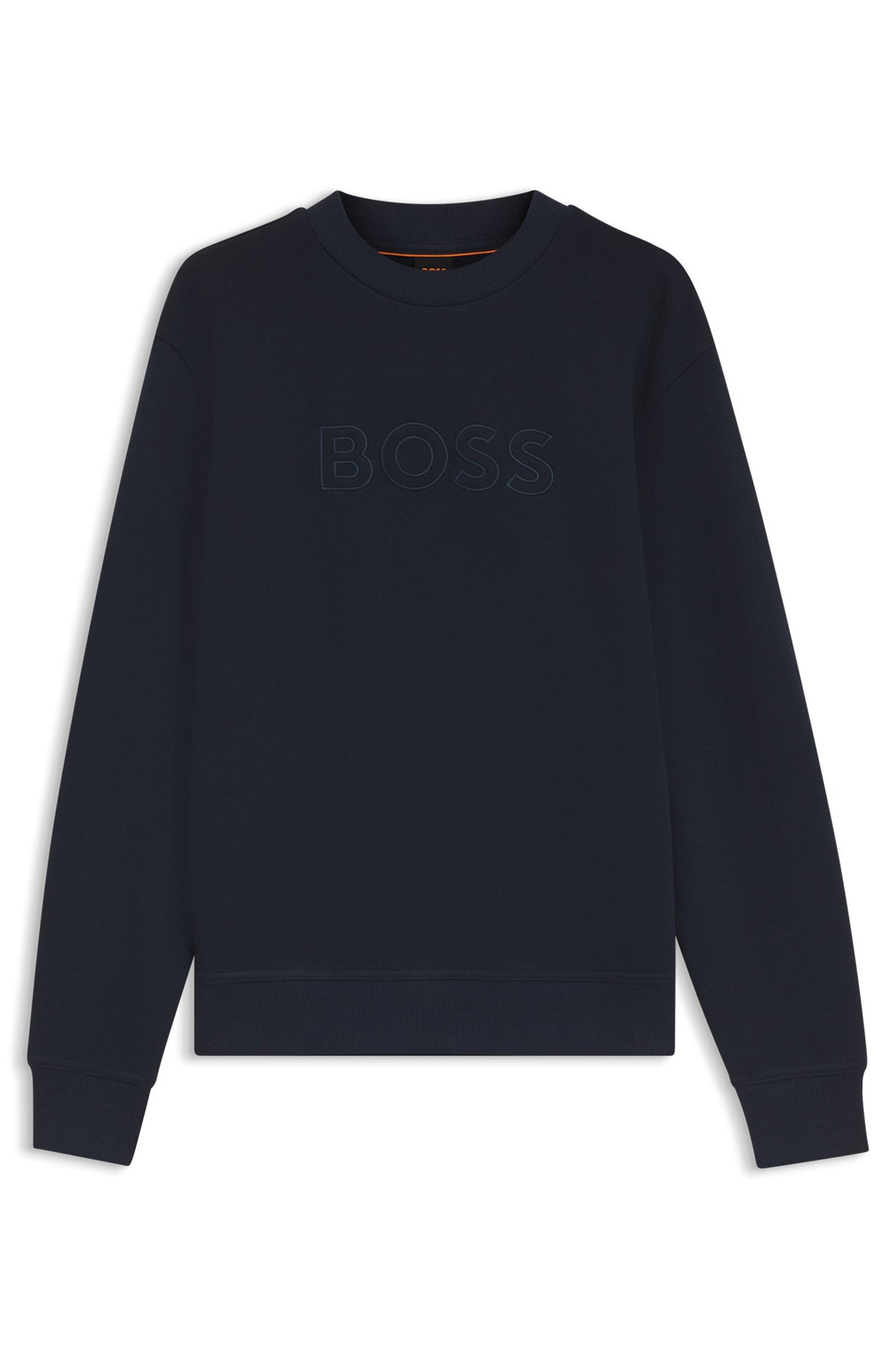 Chandail manches longues molletonné marine à col rond, vue produit avec logo BOSS ton sur ton pour homme par HUGO BOSS
