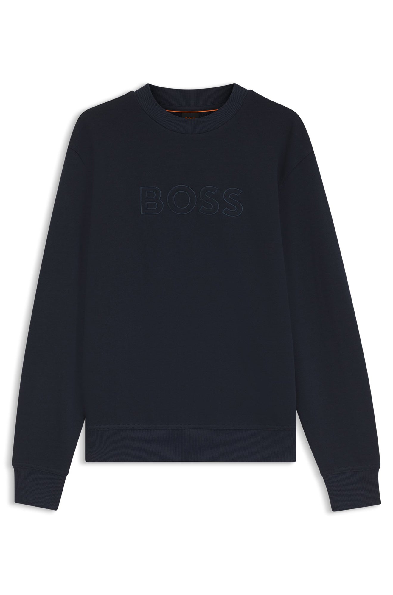 Men's navy crewneck sweatshirt shown flat with tonal BOSS chest logo and ribbed hem and cuffs, product view by HUGO BOSS