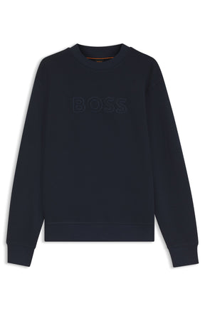 Men's navy crewneck sweatshirt shown flat with tonal BOSS chest logo and ribbed hem and cuffs, product view by HUGO BOSS