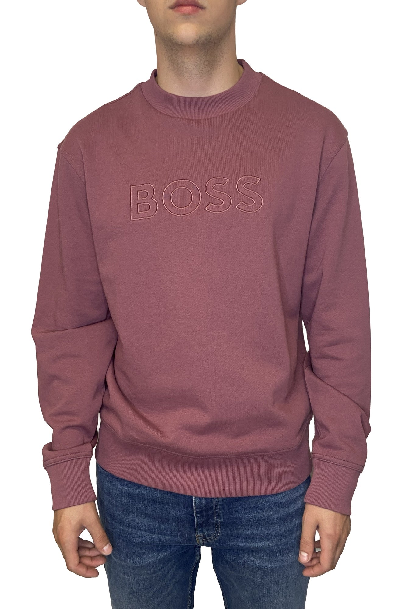 HUGO BOSS men's mauve crewneck sweatshirt with tone-on-tone BOSS logo and ribbed trims, front view