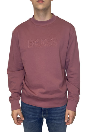 HUGO BOSS men's mauve crewneck sweatshirt with tone-on-tone BOSS logo and ribbed trims, front view