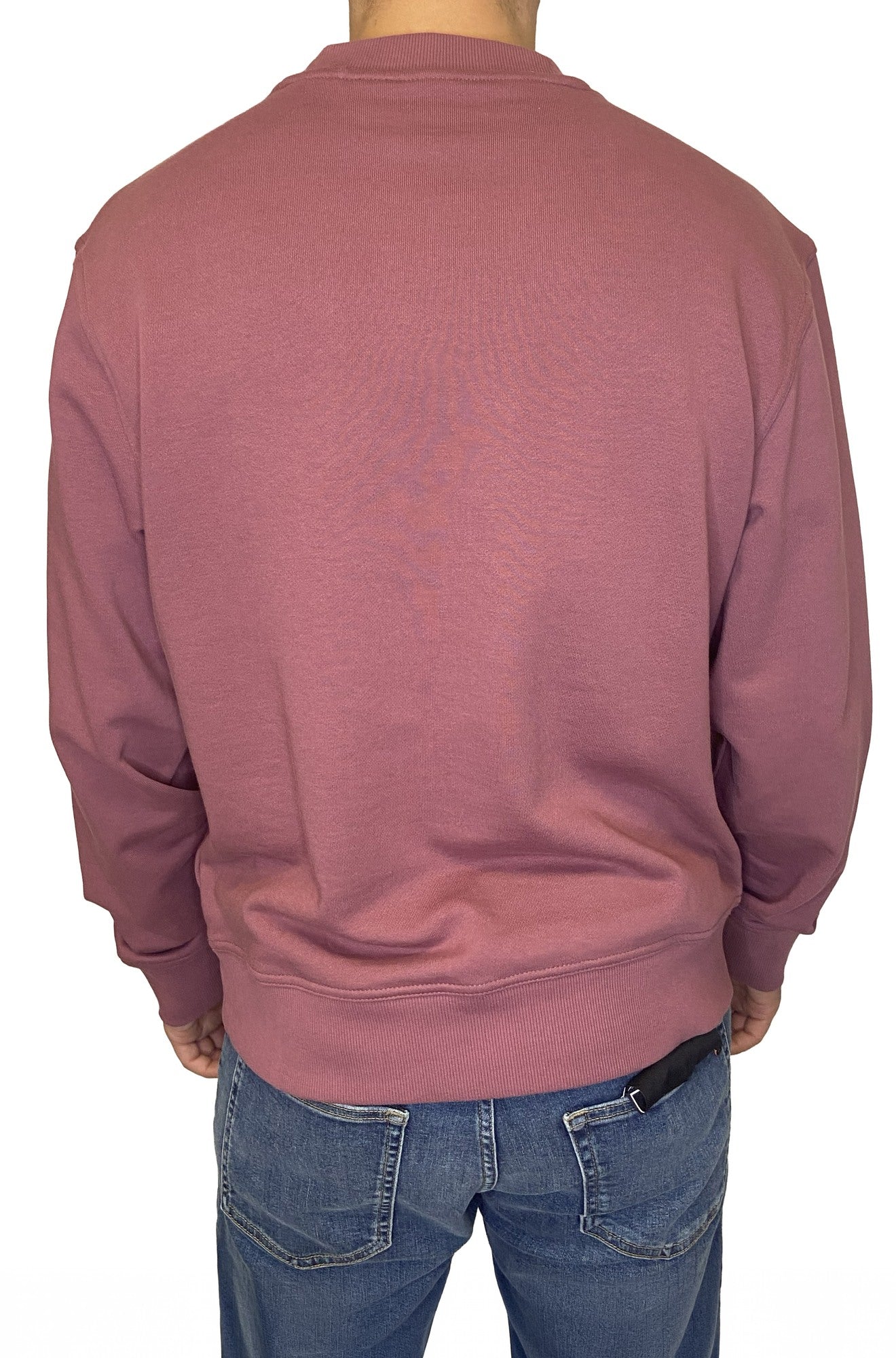 HUGO BOSS men's solid mauve sweatshirt with ribbed crewneck, cuffs, and hem shown from the back