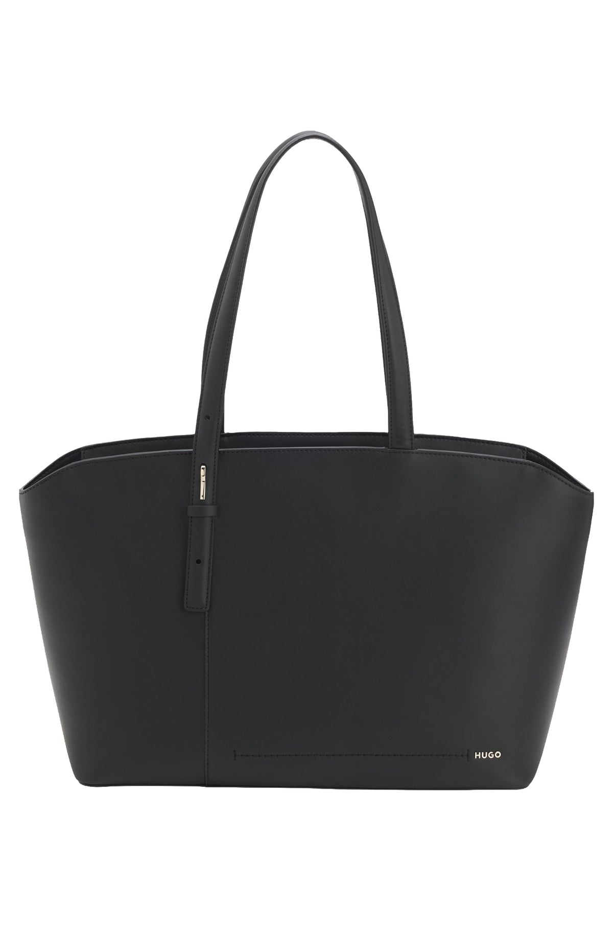 Front view of women's black structured tote bag with long handles, front seam and small HUGO logo by HUGO BOSS