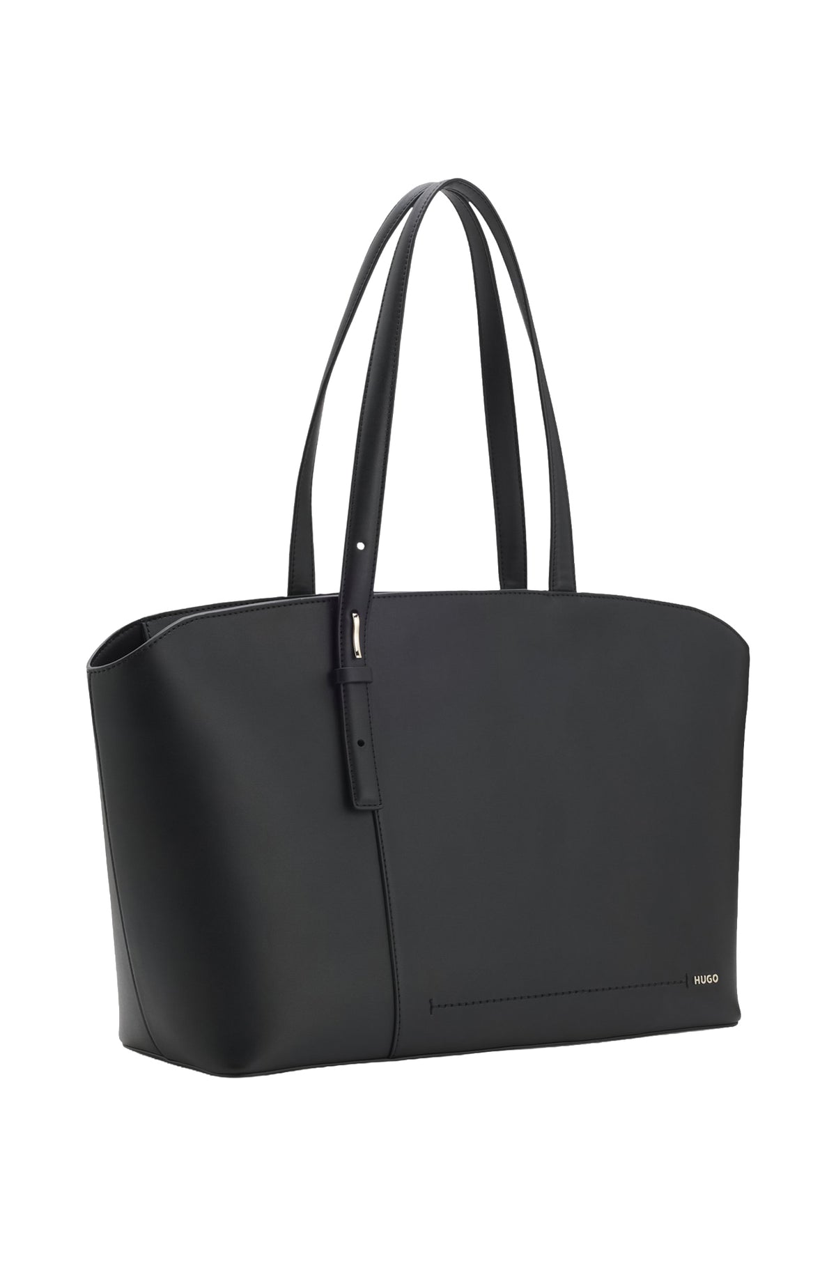 HUGO BOSS women's angled view of black structured tote bag with long handles, front seam and small HUGO logo, product view