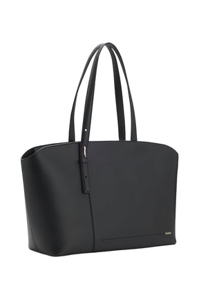 Vue en angle du sac fourre-tout noir structuré avec longues poignées, couture avant et logo HUGO pour femme par HUGO BOSS