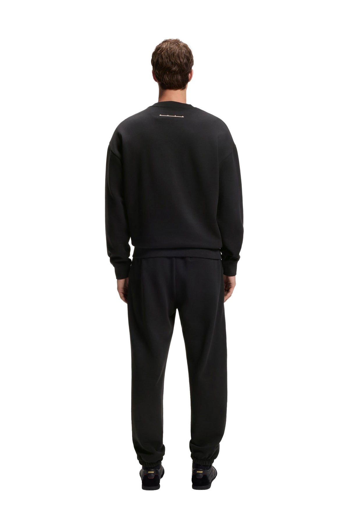 HUGO BOSS men's black crewneck sweatshirt with dropped shoulders and small logo near the neck, back view
