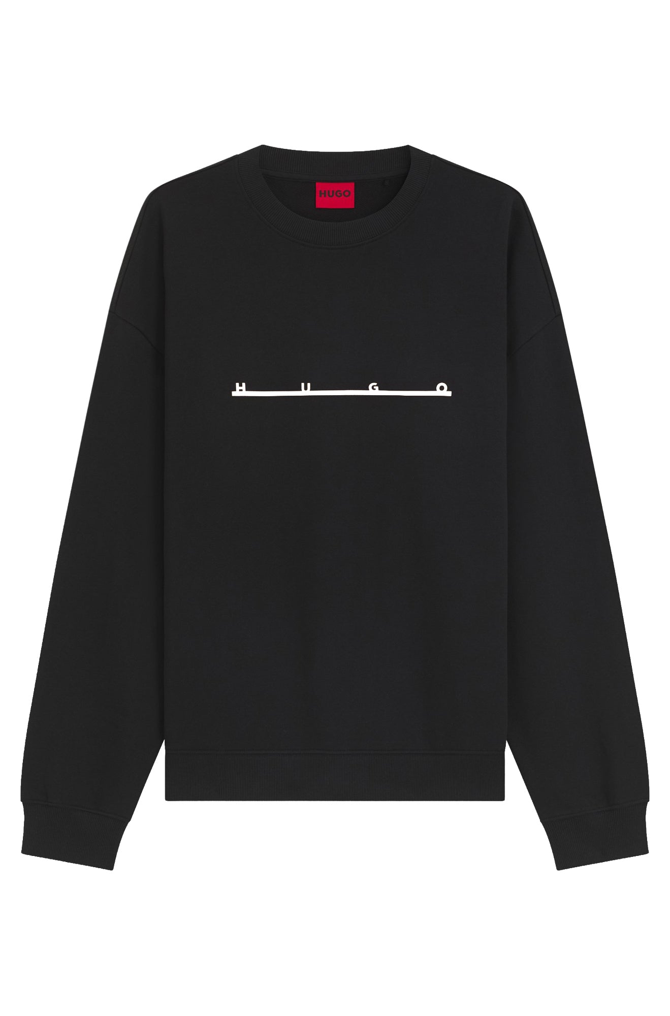 Chandail manches longues molletonné noir à col rond, vue de face, logo HUGO beige et bords côtelés pour homme par HUGO BOSS