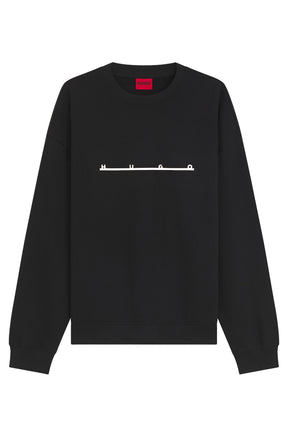 Chandail manches longues molletonné noir à col rond, vue de face, logo HUGO beige et bords côtelés pour homme par HUGO BOSS