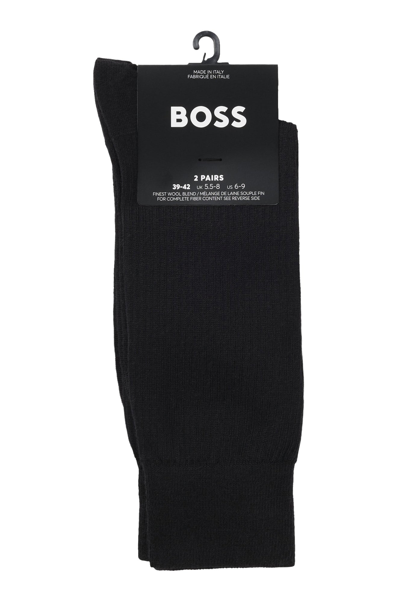 Men's black ribbed two-pack socks on branded hang card with large BOSS logo and size text, product view by HUGO BOSS
