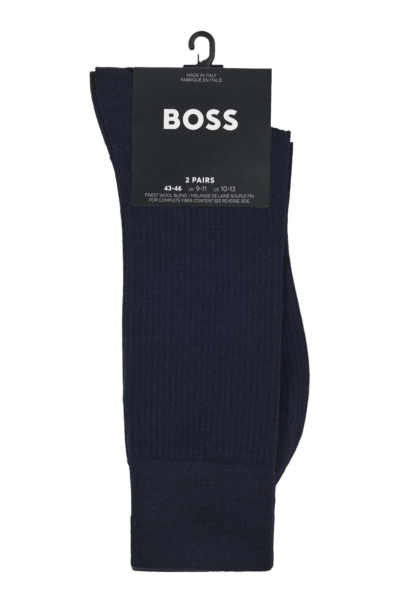 HUGO BOSS men's dark navy ribbed socks in two-pair packaging with black BOSS card and hanger, product view