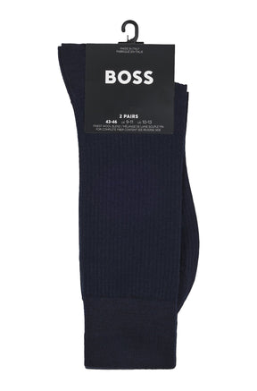 HUGO BOSS men's dark navy ribbed socks in two-pair packaging with black BOSS card and hanger, product view