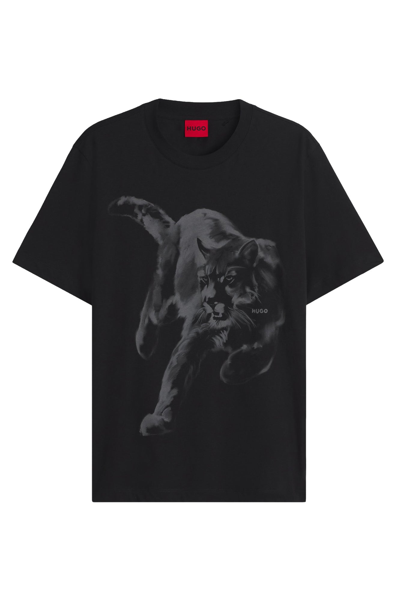 T-Shirt noir à manches courtes et col rond, vue avant isolée avec grand motif puma gris HUGO pour homme par HUGO BOSS