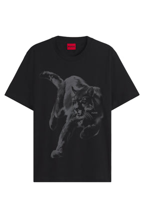 T-Shirt noir à manches courtes et col rond, vue avant isolée avec grand motif puma gris HUGO pour homme par HUGO BOSS