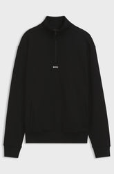 HUGO BOSS men's black quarter-zip sweatshirt with stand collar, chest BOSS logo and welt pockets, product view
