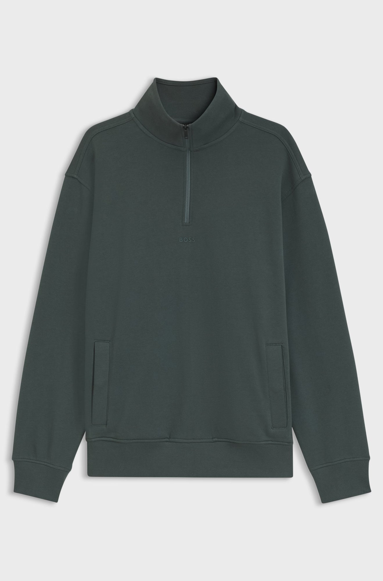 Chandail vert foncé à demi-fermeture éclair isolé de face avec col montant et poches passepoilées pour homme par HUGO BOSS