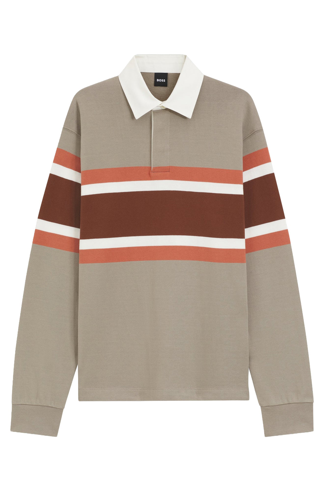Polo beige à manches longues avec rayures rouille, blanches et brunes pour homme par HUGO BOSS, vue de face