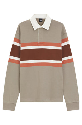 Polo beige à manches longues avec rayures rouille, blanches et brunes pour homme par HUGO BOSS, vue de face