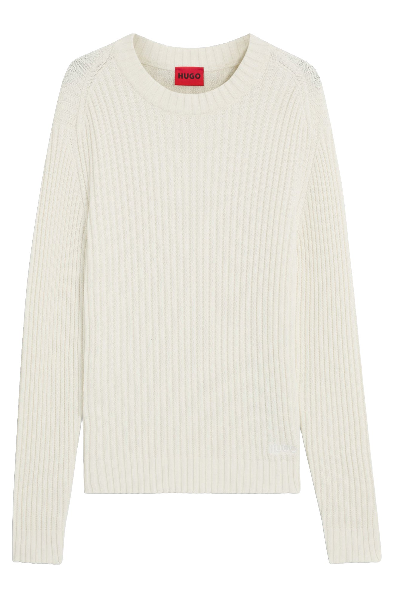 Chandail tricot côtelé blanc cassé à col rond, vue de face avec logo ton sur ton au bas pour homme par HUGO BOSS