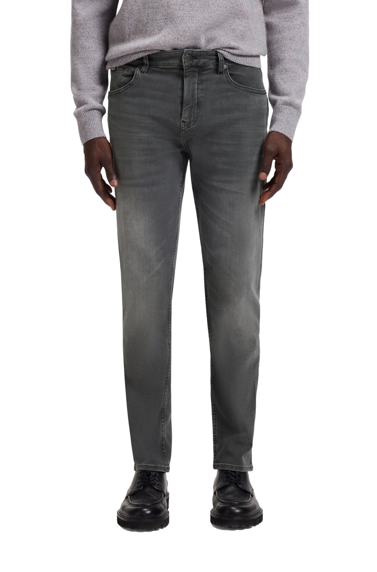 HUGO BOSS men's washed gray straight-leg jeans with five pockets and button fly, front model view