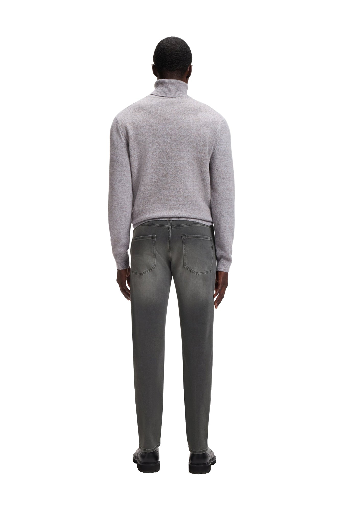 Back model view of men's washed gray straight-leg jeans with rear patch pockets by HUGO BOSS
