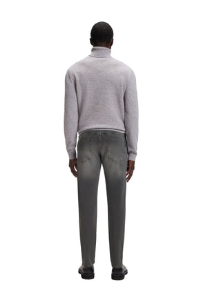 Back model view of men's washed gray straight-leg jeans with rear patch pockets by HUGO BOSS