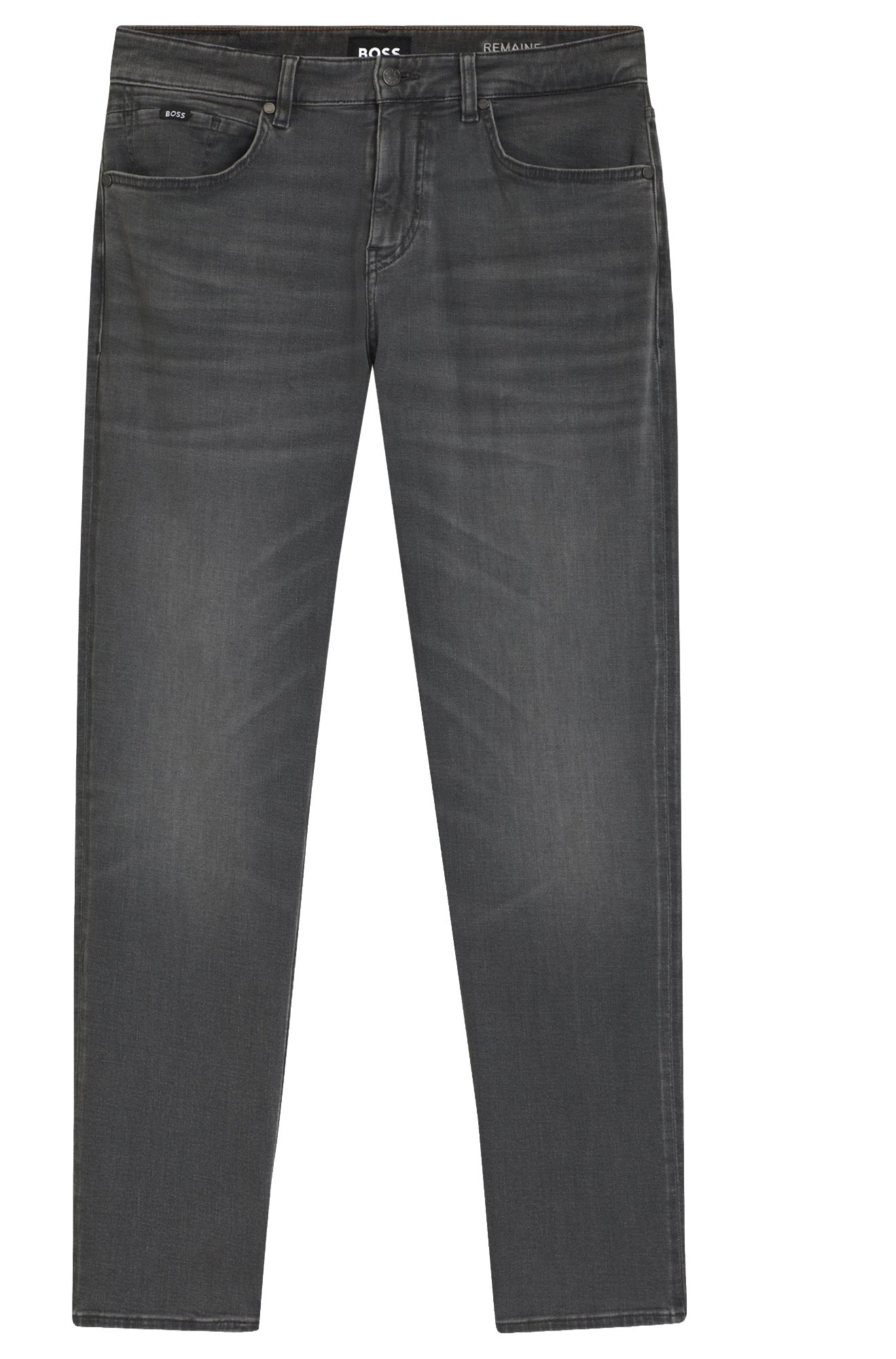 HUGO BOSS men's gray washed straight-leg jeans front product view with five pockets, belt loops, and button fly