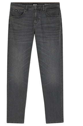 HUGO BOSS men's gray washed straight-leg jeans front product view with five pockets, belt loops, and button fly