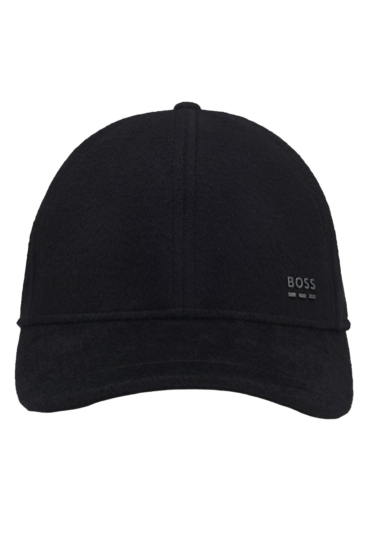 Casquette d’hiver noire vue de face avec visière courbée et petit logo BOSS argenté pour homme par HUGO BOSS