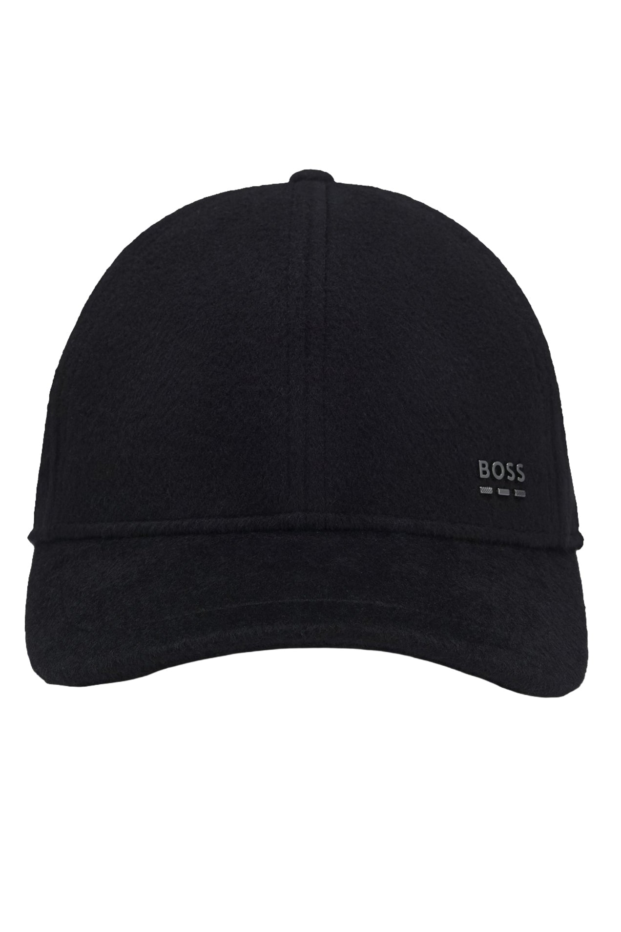 Casquette d’hiver noire vue de face avec visière courbée et petit logo BOSS argenté pour homme par HUGO BOSS