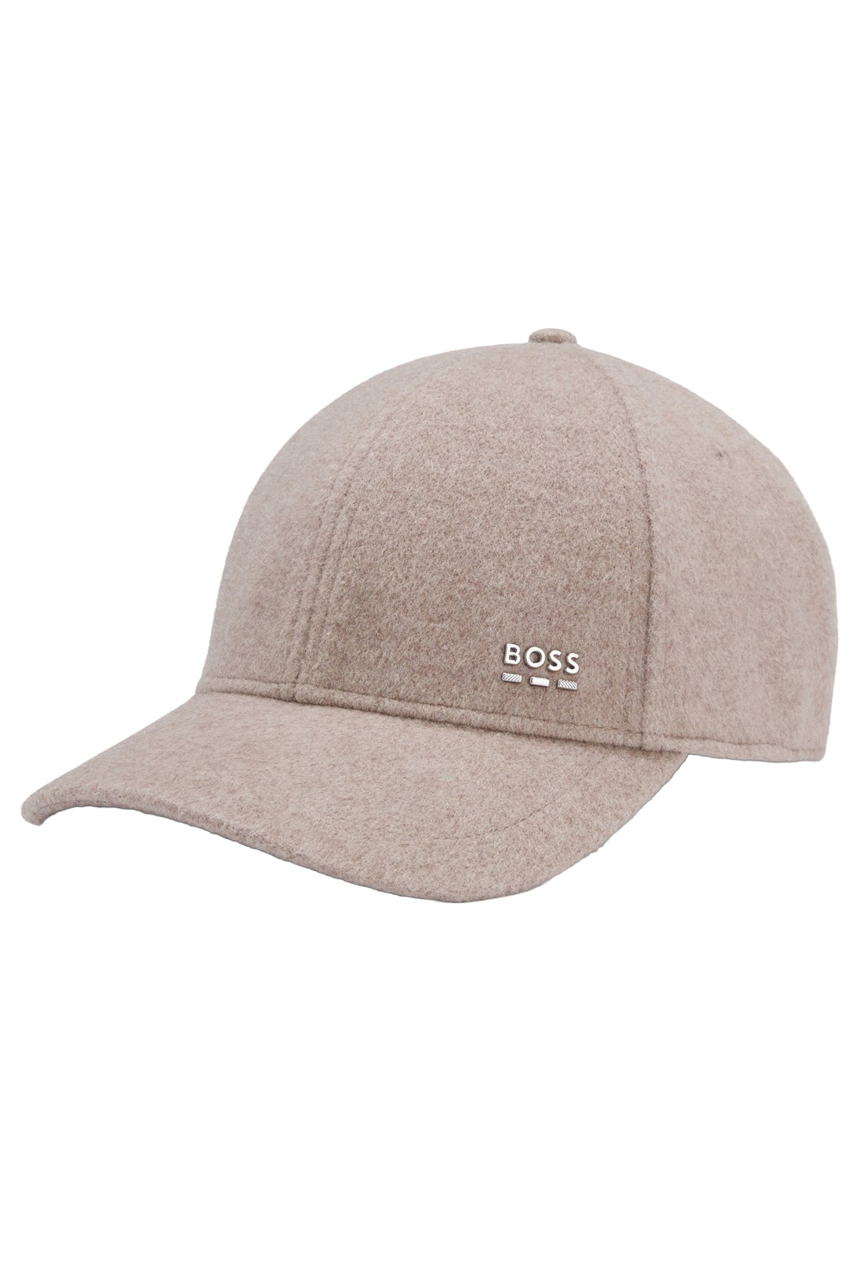 Vue en angle d'une casquette d'hiver taupe duveteuse avec visière courbée et logo BOSS argenté pour homme par HUGO BOSS
