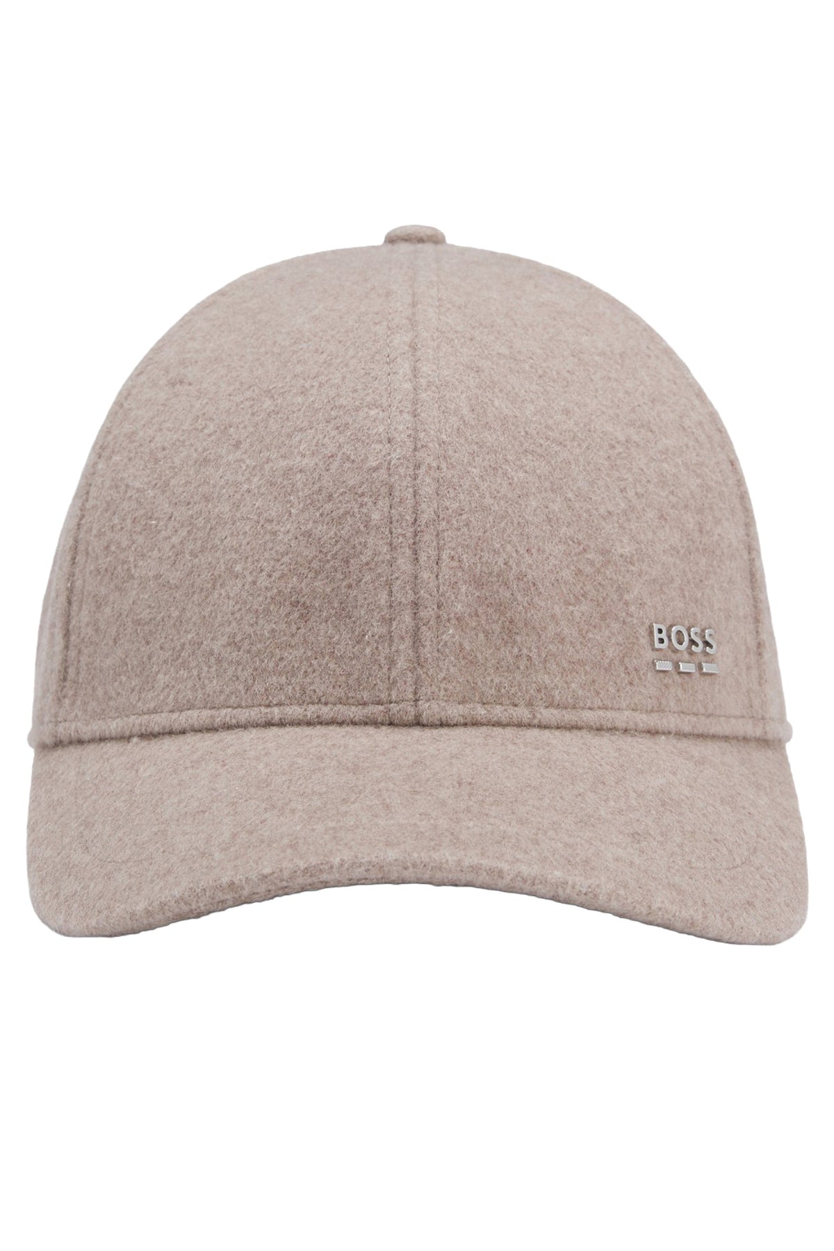 Vue de face d'une casquette d'hiver taupe duveteuse avec visière courbée et logo BOSS argenté pour homme par HUGO BOSS