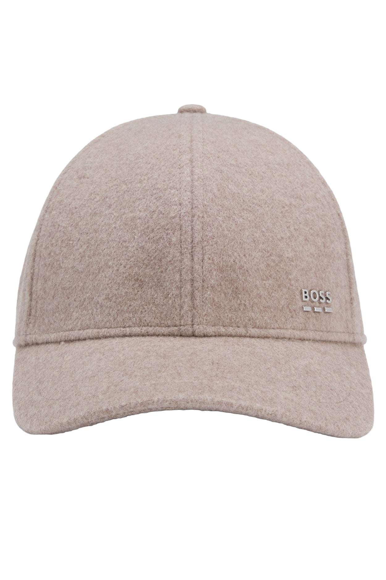 Vue de face d'une casquette d'hiver taupe duveteuse avec visière courbée et logo BOSS argenté pour homme par HUGO BOSS