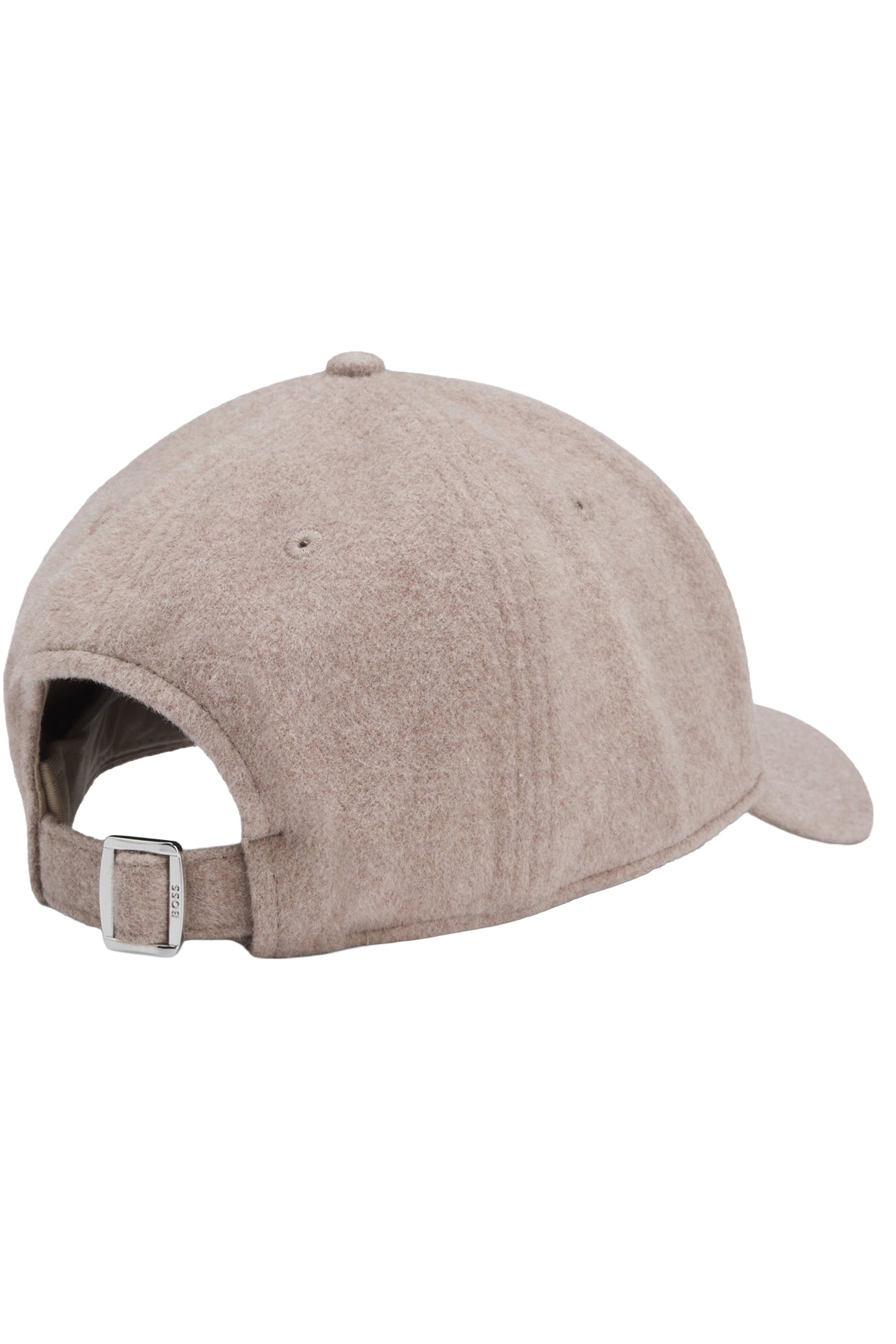 Vue arrière d'une casquette d'hiver taupe duveteuse avec sangle ajustable et boucle BOSS métallique pour homme par HUGO BOSS