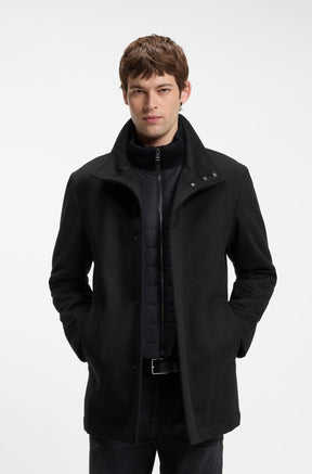 HUGO BOSS men's black winter coat with stand collar, snap placket and quilted inner panel, front view