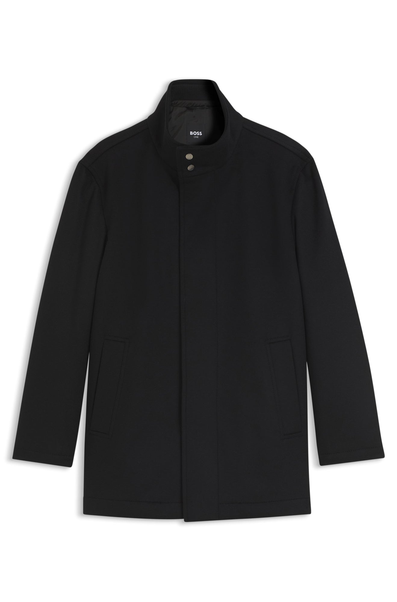 HUGO BOSS men's black winter coat with stand collar, hidden placket and angled pockets, isolated front view