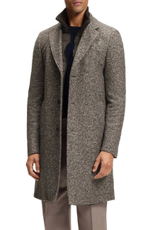 Manteau d’hiver texturé gris-brun avec revers crantés et empiècement zippé pour homme par HUGO BOSS, vue de face