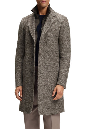 Manteau d’hiver texturé gris-brun avec revers crantés et empiècement zippé pour homme par HUGO BOSS, vue de face
