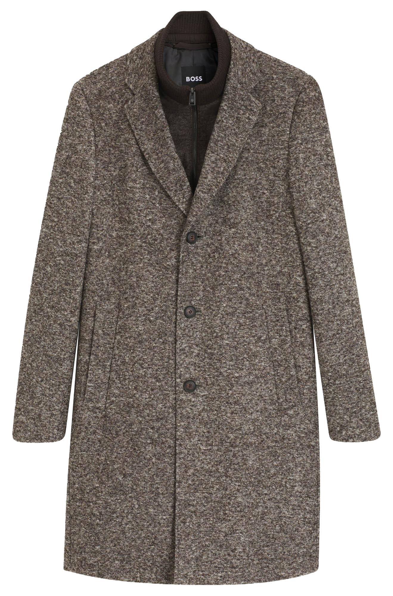 Manteau d’hiver texturé gris-brun avec revers, boutons et empiècement zippé pour homme par HUGO BOSS, vue avant